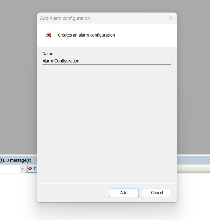 The Add Alarm Configuration dialog opens